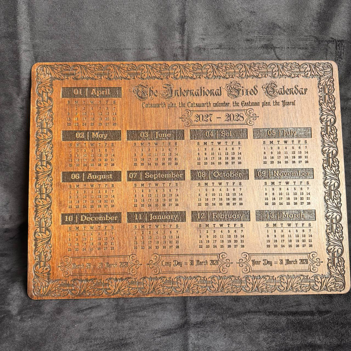 2027–2028 13 Month Calendar, International Fixed Calendar, Wooden Wall Decor