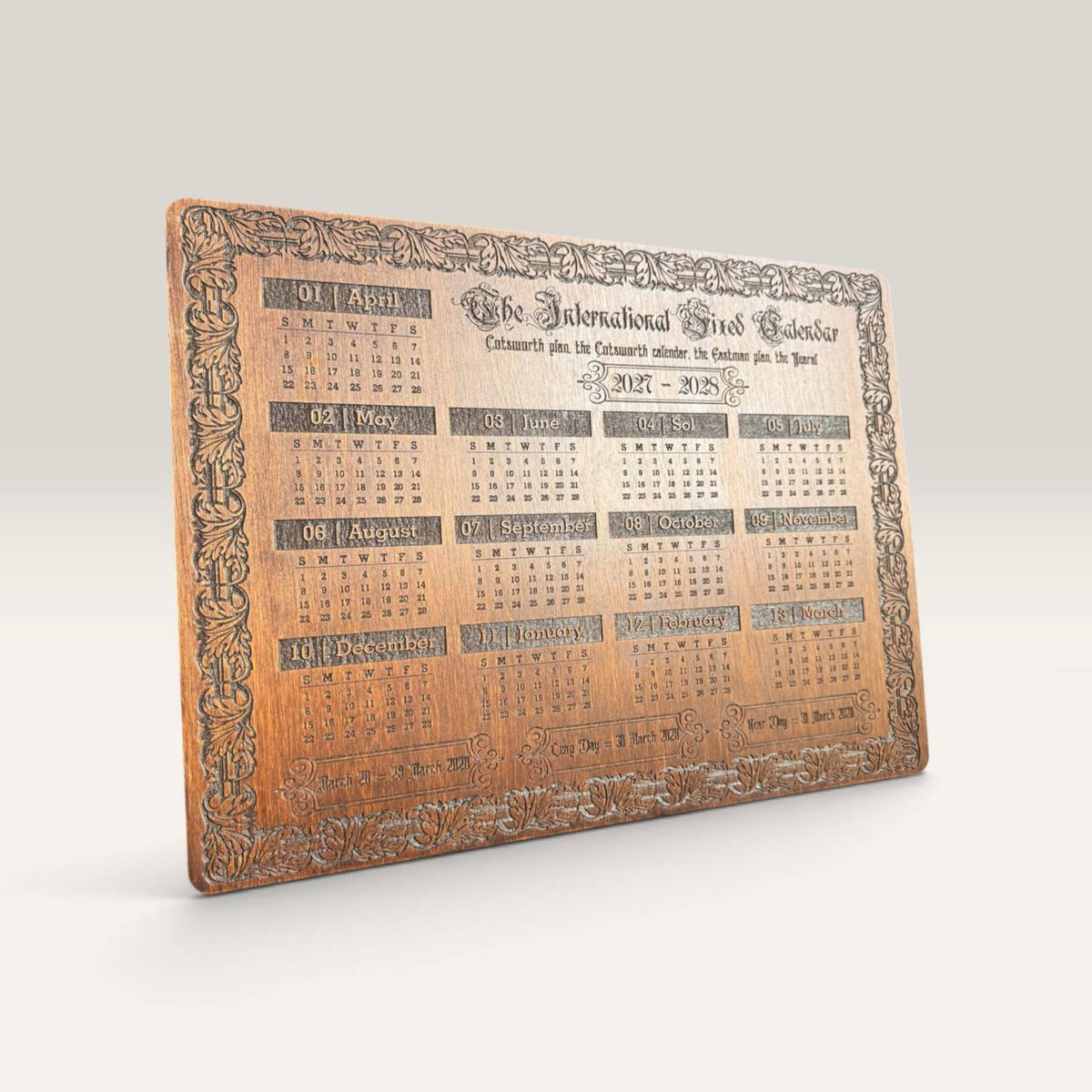 2027–2028 13 Month Calendar, International Fixed Calendar, Wooden Wall Decor