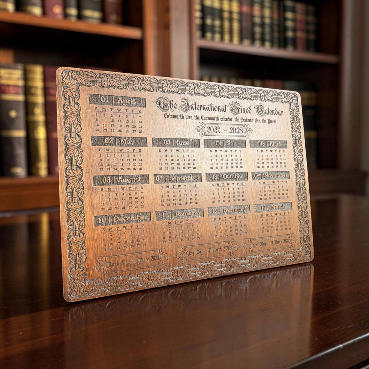2027–2028 13 Month Calendar, International Fixed Calendar, Wooden Wall Decor