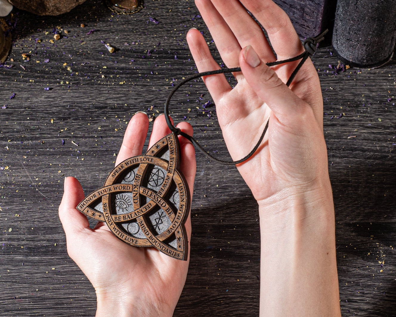 Wooden Triskelion amulet Celtic triple spiral symbol