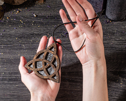 Wooden Triskelion amulet Celtic triple spiral symbol